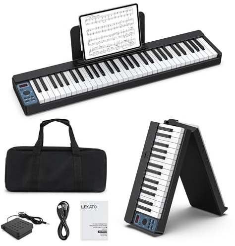 LEKATO 61 Key Portable Foldable Keyboard Piano, Touch Sensitive Full-Size Keys, Rechargeable, Carrying Bag, Music Stand, Bluetooth MIDI Electronic Piano for Beginners, Home & Travel Use