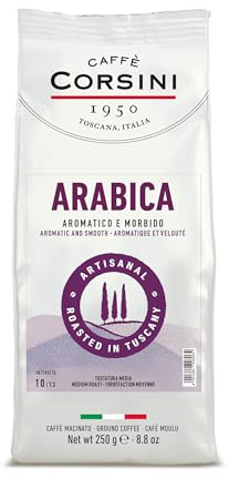 Caffè Corsini – Caffè Macinato 100% Arabica, Gusto Delicato Morbido e Aromatico, Note di Caramello e Cioccolato, Tostatura Media, 250g