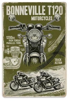 Cartel de metal redondo de metal con diseño de motocicleta retro Bonneville T120 Classic Racer Performance Race para decoración de pared para cafetería, cueva de hombre, club, bar, oficina, hogar