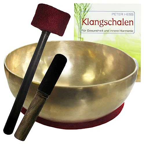 Klangschale XL7 THERAPIEKLANGSCHALE 4-teiliges Klangmassage-Set mit BUCH von Peter Hess. Therapie-Qualität ca. 7000g ca. 40-42 cm Handarbeit aus Nepal mit Kissen + Filz & Holz-Leder-Klöppel. 70091