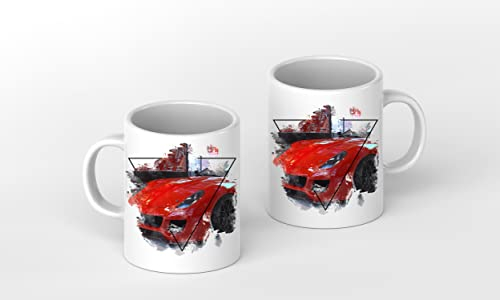 deyoli Roter Ferrari in einer Ausstellung als Motivetasse 3 Eck 300ml, aus Keramik weiß, wunderbar als Geschenkidee oder ihre neue Lieblingstasse