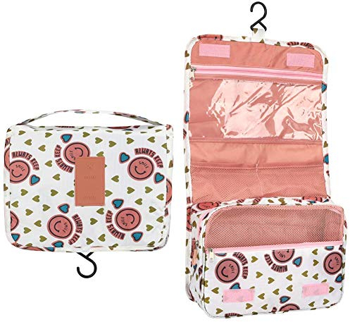 BryTravel Trousse de Toilette Pliable avec Crochet, Trousse de Toilette améliorée pour Voyage, Grande capacité, étanche, Trousse de Maquillage, Organisateur pour Voyage, Gym, Camping, Rose Sourire