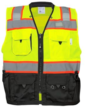 GGS High Visibility Safety Vest - Lightweight Yet Durable, Reflective Tape, 9 Pockets - Construction, Transportation, Running/Biking, Hunting, Yellow/Green & Black, Large