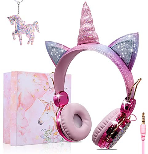 Casque D'éCoute Pour Enfants Unicorn, Casque Supra-Auriculaire Girl Avec Micro, Casque Filaire Avec CâBles DéTachables de 3,5 Mm Pour TéLéPhone Portable/Tablette ,Cadeaux de Fille Pour L'Anniversaire