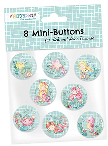 Papierdrachen 8 Mini Buttons (25mm) als Give Away für den Kindergeburtstag | Dekoration für Mäppchen oder Schulranzen | Geschenk zur Einschulung - Design Meerjungfrau - Set 1