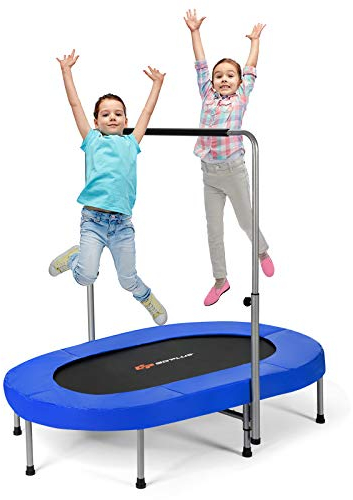 GOPLUS Fitness Trampolin für 2 Kinder, 154x90cm Trampolin klappbar mit 5 stufiger Verstellbarer Handlauf bis 150kg Belastbar, Kindertrampolin Indoor/Outdoor für Jumping Training (Blau)