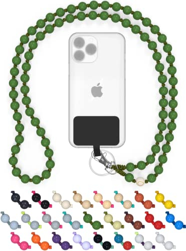 DROPLETSY Holzperlen Handykette universal, handgefertigt, Schlüsselband, Kette, Necklace zum Umhängen - kompatibel mit Allen Smartphones: Apple iPhone, Samsung Galaxy (ohne Hülle, Palm)