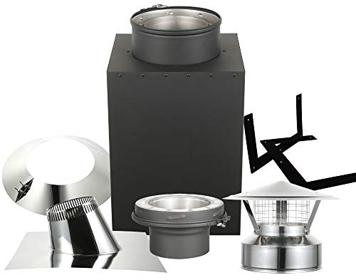 AllFuel HST Cathedral Ceiling Kit with Spark Guard Chimney Cap for 6 Diameter 304 Stainless Steel Class-A Double Wall Chimney Pipe (24 Square Ceiling Support Box, 1/12-6/12 Pitch Roof Flashing)