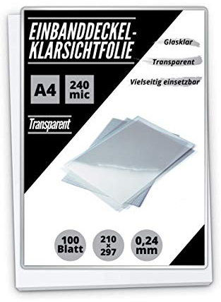 100 PREMIUM Einbanddeckel-Klarsichtfolien A4, PVC-Folie, 100-er Pack, transparent (0.24mm)