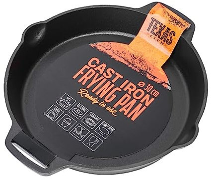 TEXAS CLUB Grande poêle en fonte, 30 cm – Poêle avec manche en métal pour grill et barbecue