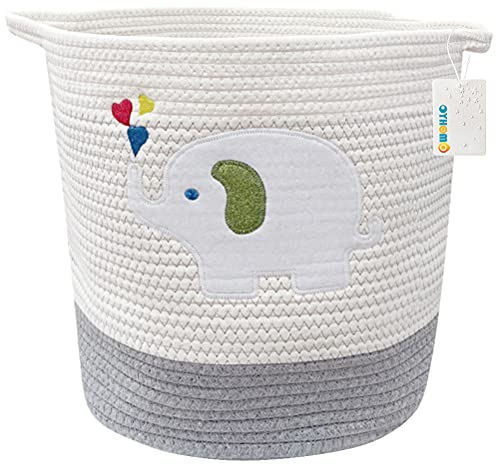 OYHOMO Großer Aufbewahrungskorb Baby Wäschekorb aus Baumwolle Seil Geflochtener Korb Elefant Deko Korb mit Griff für Organisation von Spielzeug Kleidung im Kinderzimmer, Grau
