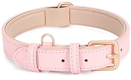 Leather Dog Collar Adjustable Soft Leather Padded Collar Heavy Duty for Small Medium Large Size Dogs with Alloy Buckle(Pink,L)