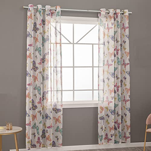 Ricemru Schmetterling Vorhang Mädchenzimmer Kurz Transparent Ösen Mädchen Gardine Durchsichtig Ösenschal Dekoschal Lichtdurchlässige Schlafzimmer,2er Set 132x160cm