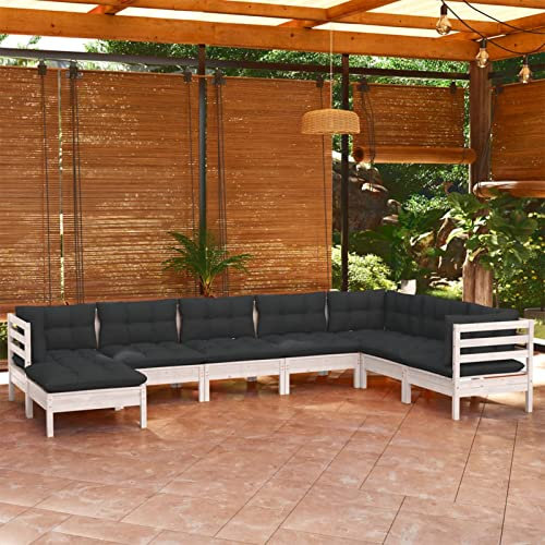 Gecheer 8-TLG. Garten-Lounge-Set mit Kissen, Holz Gartensofa, Gartenmöbel Sitzgruppe Gartenset Sitzgarnitur Gartengarnitur Mittelsofa Hocker/Tisch Weiß Kiefer Massivholz
