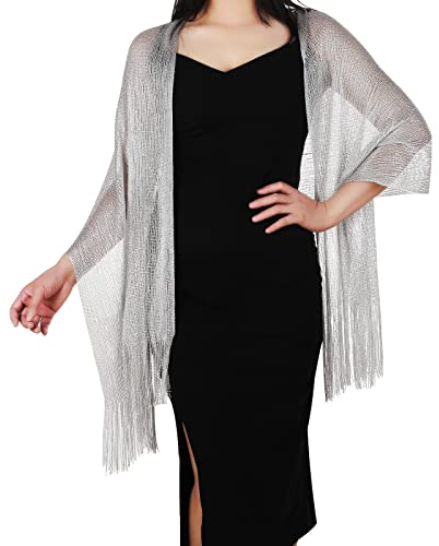 Women's Evening Sparkling Metallic Shawls and Wraps with Scarf Clip, Metallic Scarf for Bridal Weddings/Evening Party/Formal Dresses (Silver Gray)