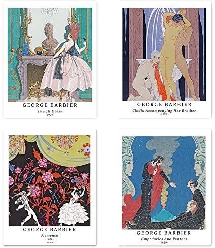 Kunstdruck Ungerahmt Illustration Bilder Set von 4, Poster Größe: 28x35 cm Premium Kunstpapier Wanddeko Elegante Vintage Geschenk-Körperkunst Passenden Schlafzimmer Deko George Barbier Painting