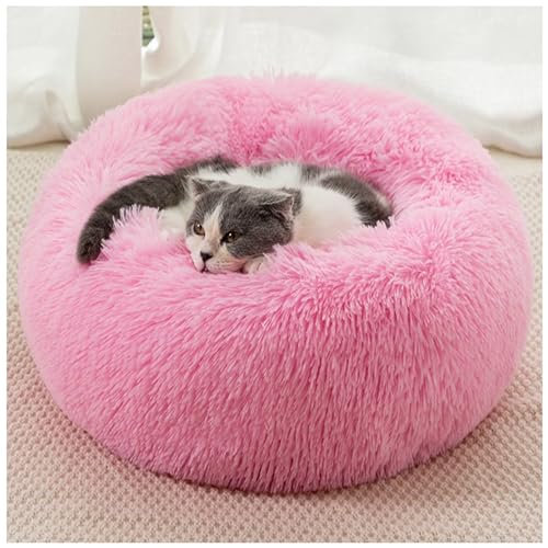 HUAXIQUE Hundebett Rund Hundekissen Plüsch Donut Mittelgroße Hunde Hundebett für Große Waschbar Haustierbett Anti Rutsch Noppenboden 70cm Rosa