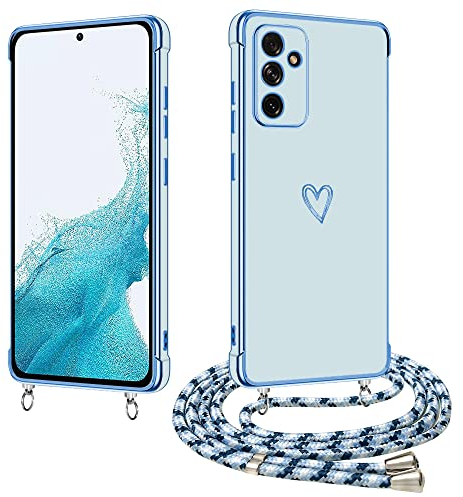 E-Lush Handyhülle für Samsung Galaxy A54 5G Hülle mit Band, Handy Hülle mit Kette Schutzhülle Herz Love Muster Galvanik Silikon Stossfest Case mit Kordel zum Umhängen, Blau