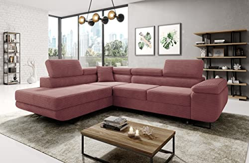 MODERNO Ecksofa mit Schlaffunktion aus Cord - Big Sofa ASTORP - Couch L Form - Schlafsofa mit Bettkasten und Kopfstützen - 277x203x100 cm - Links - Rosa - Poso 27