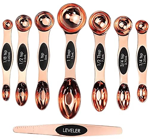 Magnetic Measuring Spoons Set of 8 | Stainless Steel Dual Sided Measure Kitchen Teaspoons and Tablespoon with Leveller | Weighing Dry and Liquid Ingredients for Cooking, Baking (Rose Gold)