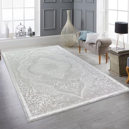 Orient Design Hoch-Tief Effekt Konturenschnitt Teppich verziert Silber glänzend, 120 x 170 cm