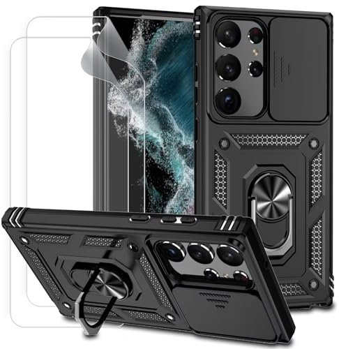 Dechyi für Samsung Galaxy S23 Ultra Hülle mit Schutzfolie mit Kameraschieber Case 360° Drehbarer Militä Ständer Stoßfest Cover-Schwarz