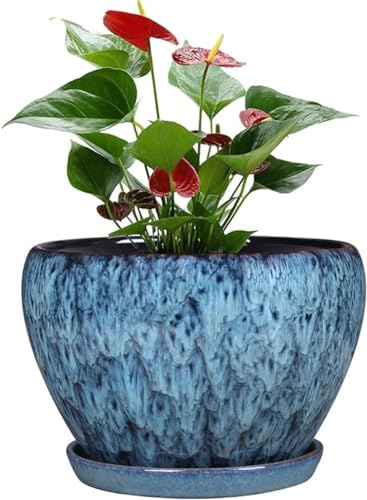 Pot de fleurs Monstera en céramique extra large - En forme de grain de pierre bleue - Style chinois classique - Avec plateau - Grand pot de fleurs vert en céramique émaillée - Bleu, vert - Taille L