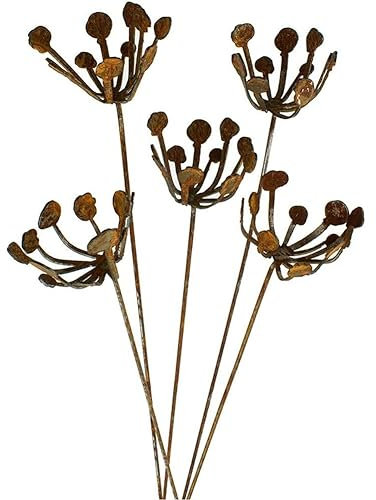 Greethga Rustic Red-brown Wrought Iron Metal Flowers Garden Decoration, Set of 5 Garden Stakes