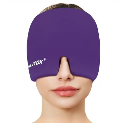 EXQUISLIFE Gorro de alivio de dolor de cabeza de migraña, envoltura de gel para la cabeza, terapia de frío y calor, máscara de ojos para sinusitis, ojos hinchados, alivio de tensión y estrés (morado)