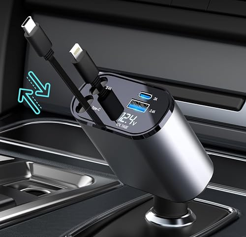 KLYXI Retractable Car Charger, 4 in 1 Phone Fast Charger, Retractable Cables(80CM) 2 USB Ports Car Adapter Compatible with iPhone 16/15/14/13/12/11, iPad/Pixel, Android, Samsung Galaxy S24/S23, Huawei