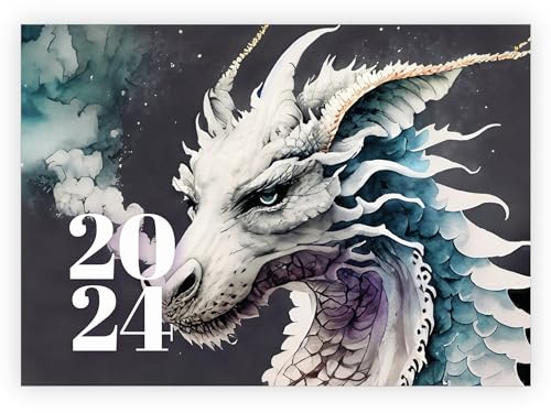 Traumhafte Aquarell Neujahrskarten Grußkarten 2024 Neujahr Silvester mit coolem Drachen Dragon