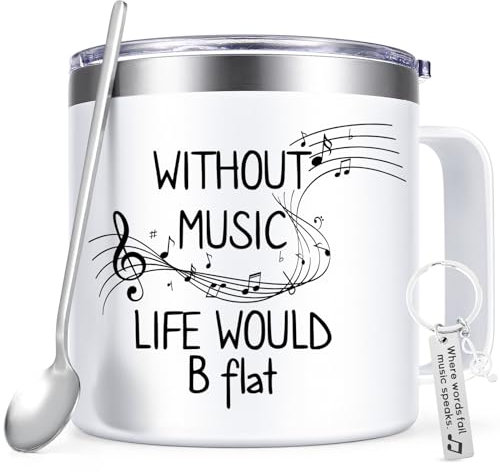 Lifecapido Music Teacher Gifts, Without Music Life Would B Flat Coffee Mug, Music Teacher Appreciation Gifts for Music Teacher Music Lover Musicians, 14Oz Stainless Steel Coffee Mug with Lid, White
