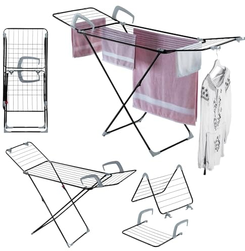 KADAX Stendibiancheria Multifunzione 3 in 1, Stendibiancheria da Pavimento in Acciaio con Design Modulare, Stendino Pieghevole da Ringhiera (Nero)