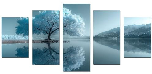 JOSUE 5 pezzi Albero Della Vita Quadri Albero bianco Vista lago Stampe E Quadri Su Tela,Bianco Quadro Decorazioni Camera Da Letto Ufficio Bagno-100x200cm Non incorniciato