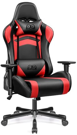 OneGame Gaming Chair, Ergonomischer Computerstuhl, Höhenverstellbarer Game Chair, Racing Style Gamer Stuhl mit Kopfstütze und Lendenwirbelstütze, Schwarzrot