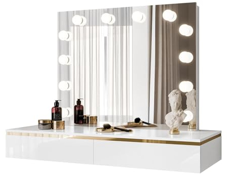 lukmebel - Schminktisch mit Spiegel - Schminkspiegel mit Beleuchtung und Schubladen - Konsolentisch Schmal Hängend - Make Up Tisch Frisiertisch Kosmetiktisch Glanz Weiß Gold - Aurora Elite