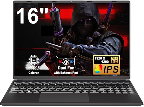 Ordenador Portátil 16 Pulgadas Celeron N5095 Up to 2.9Ghz Portátil Win 11 | 12+512GB SSD Expansión 1TB, BT 4.2 Mini Puerto Multimedia Portatiles Ventilador Refrigeración 1920*1200-Negro