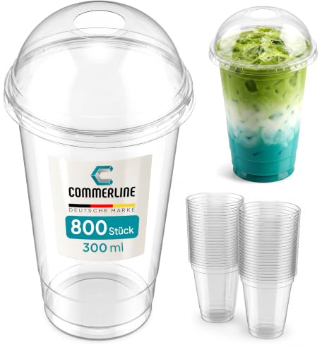 Commerline Smoothie Becher, 300 ml, 800 Stück, Slush Becher mit Domdeckel | Transparentes R-PET, Plastikbecher mit Deckel, Dessertbecher, Bubble Tea Becher, Eiskaffee To Go, Trinkhalmöffnung