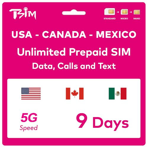 TSIM Prepaid USA SIM Karte für 9 Tage | Unbegrenzte 4G/5G High-Speed-Daten in den USA + unbegrenzte Low Speed Daten in Kanada & Mexiko | Unbegrenzte Ortsgespräche + Kostenlose eingehende Anrufe & SMS