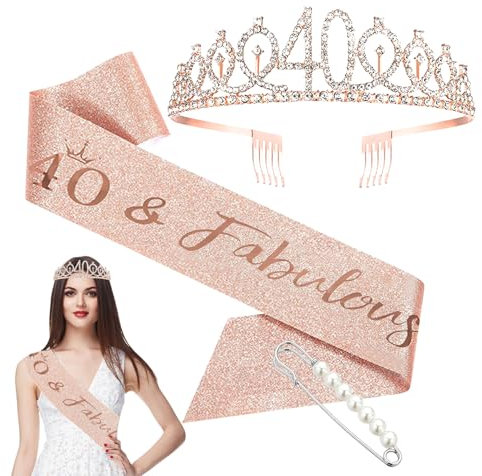 Forhandy 40. Geburtstagskrone Mädchen, 18 Geburtstag Geschenke Rose Gold Geburtstag Krone Schärpe und Strass Tiara, Birthday Deko Geschenk Frauen Mädchen Party Accessoires