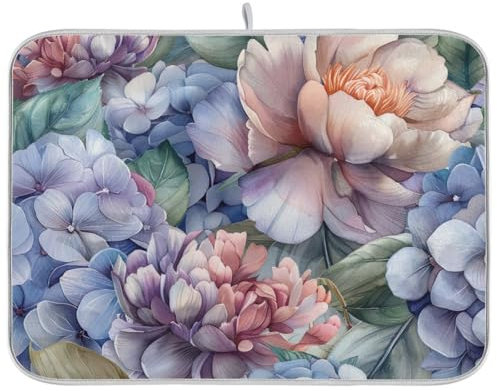 Abtropfmatte mit Pfingstrosen und Hortensien, Mikrofaser, saugfähiges Abtropfgestell, Matte für Küche, Theke, Urlaub, Heimdekoration, 40,6 x 45,7 cm