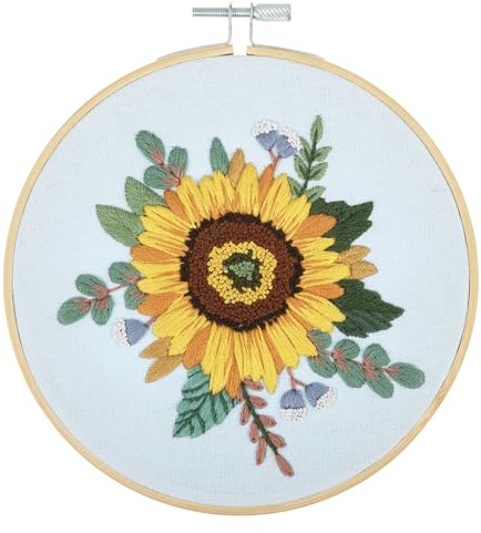 Trimits Embroidery Kits - 15cm 6 Embroidery Beginners Kit, Cross Stitch Kits for Adults, Starter Set with Bamboo Hoop, Fabric, Threads, Needle & Backing - Sunflower