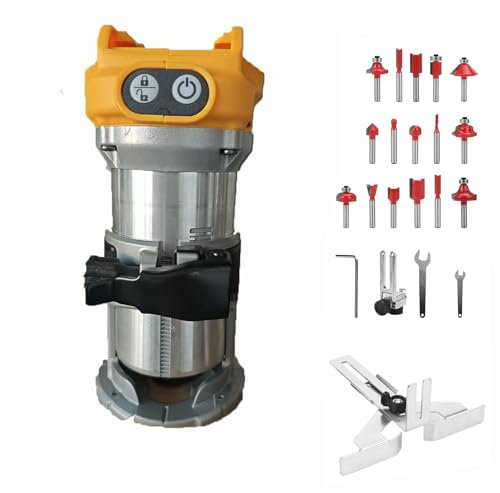 Router inalámbrico compatible con batería Dewalt de 20 V, recortadora de madera sin escobillas de 1300 W con 6 velocidades, guía recta, rueda guía, 15 brocas de fresado y conducto de polvo, enrutador