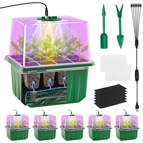 GOONMILL Selbstbewässerndes Saatgut-Startertablett mit zeitgesteuertem Wachstumslicht, 6 Packungen Pflanzen-Starter-Set mit Feuchtigkeitskuppeln, Mini-Gewächshaus für den Innenbereich, für
