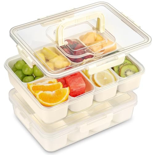 KOMABLEN Snackbox mit 8 Fächern, 2 Stück Snackteller aus PP Spülmaschinenfest, Snackschale mit Deckel und Griff, Tragbar Snackbox Organizer für Süßigkeiten Obst Keksen Dessert Gemüse Nüsse