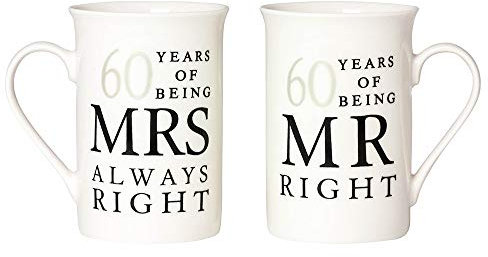 Happy Homewares Ivory White 60th Anniversary Mr Right & Mrs Always Right Ceramic Gloss Mug Gift Set