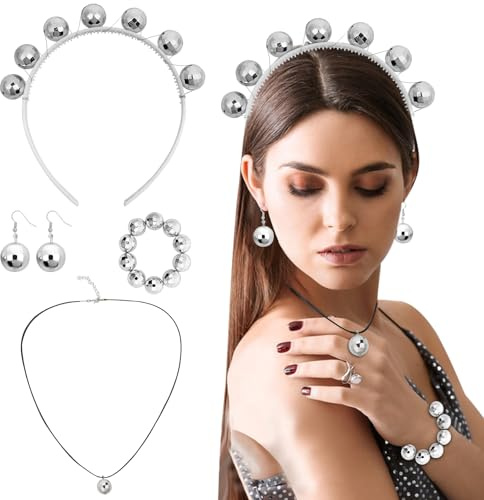 Discokugel Kostüm Silber, Discokugel Haarreif, Discokugel Ohrringe, Halskette Armband Discokugel, Discokugel Accessoires Schmuck für Damen Disco 70er Jahre Mottoparty Karneval Halloween