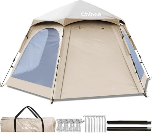 Chihee Camping Zelte Pop Up Sechseckiges Zelt Sofortige PU beschichtete Polyester Familienhütte Mit Regenverdeck Wasserdicht UV Schutz Winddicht Outdoor Unterstand 2 Türen 4 Fenster Mesh Ventilation