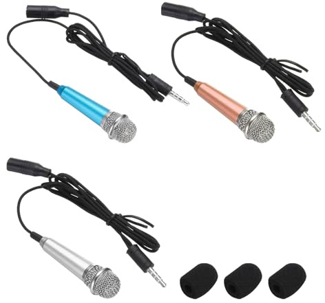 QUARKZMAN 3 Stück Mini Mikrofon Winziges Microphone Telefonmikrofon Kleines Karaoke Mikrofon mit Schwammabdeckung zum Aufnehmen von Telefonstimmen Blau/Gold/Silber