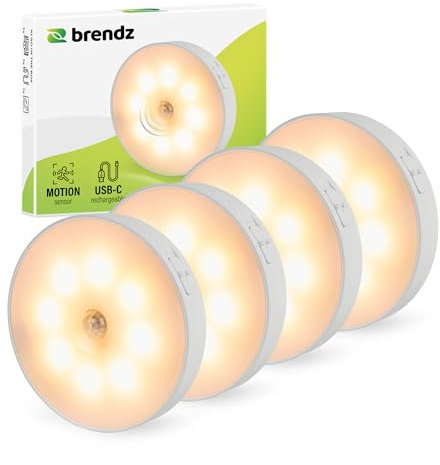 Brendz Rundes LED Schranklicht mit Bewegungsmelder, USB-C Wiederaufladbar, Magnetisch, 4 Stück, Warmweiß 3000K, Kabellose Schrankbeleuchtung, Sensor Licht, Treppenbeleuchtung